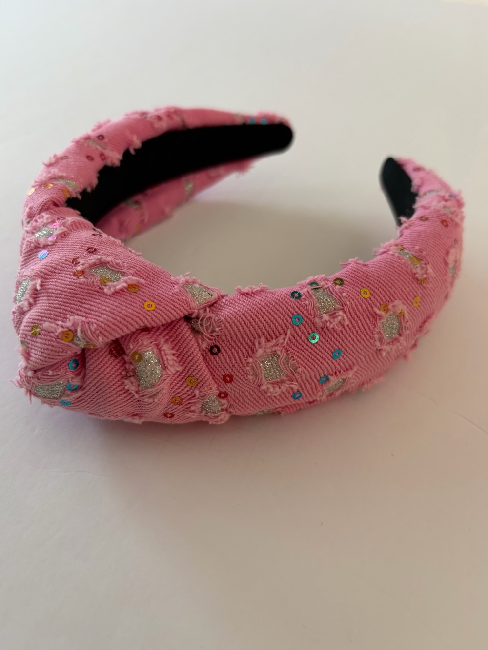Brianna Cannon Pink Denim Headband Knotted Top Style One Size Sparkles